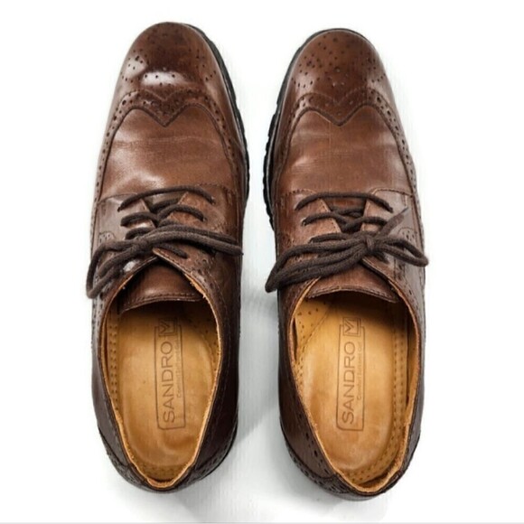 Sandro Moscoloni Handcrafted Brown Leather Lace-Up Brogue Wingtip Derby Shoes - Picture 8 of 12